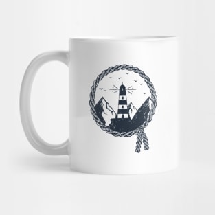 Lighthouse. Mountains. Nautical. Inspirational Creative Illustration. Mug